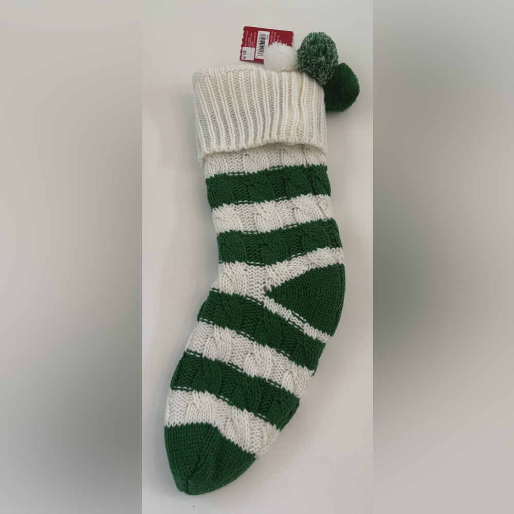 Cable knit chunky Christmas stockings (2) large 21 in NEW NWT green white stripe - Picture 4 of 8